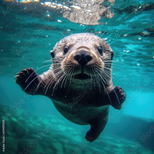 Cute Sea Otter Playing Underwater, Otter underwater.