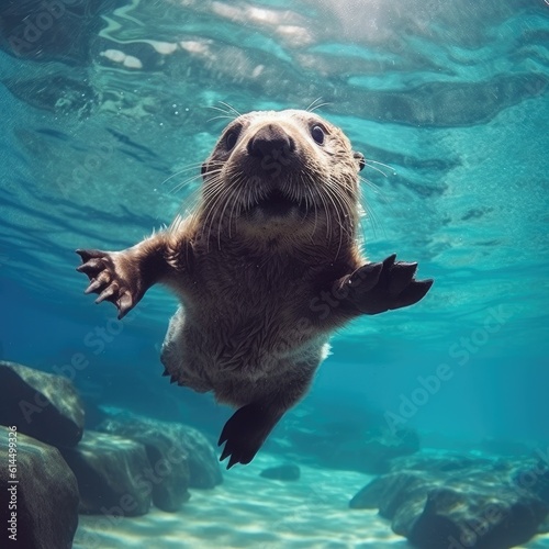 European otter swimming underwater, Wildlife animal in the river habitat, Underwater photography.