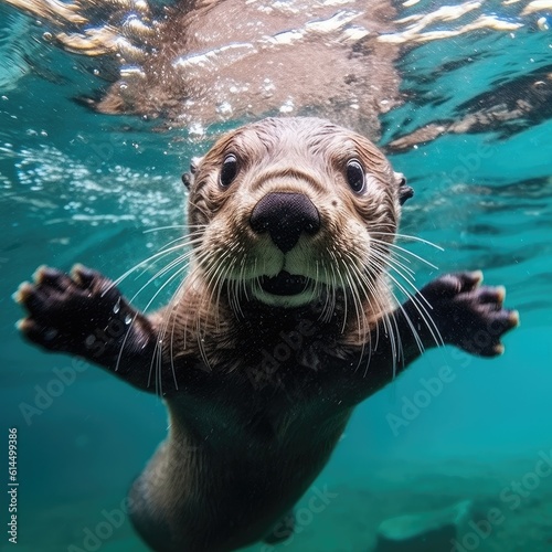 Cute Sea Otter Playing Underwater, Otter underwater.