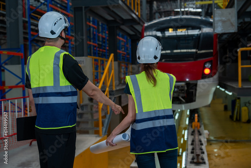 Railway technicians collaborate with engineers to inspect the electric train propulsion system in order to maintain the electric trains in the depot.