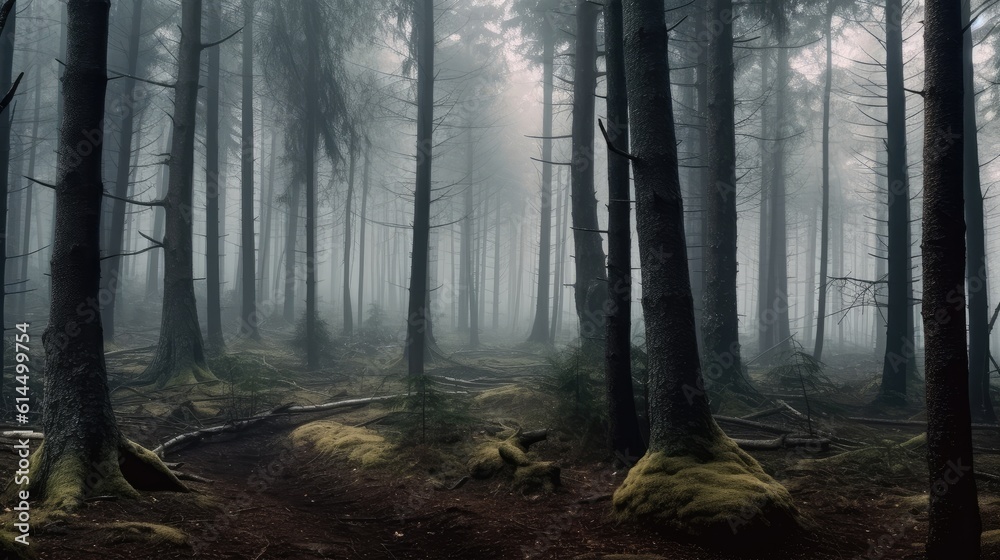 Mountain path among the trees and fog, Beautiful mountain landsca Mountain path among the trees and fog, Beautiful mountain landsca