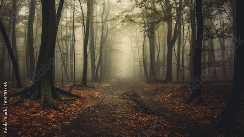 Mysterious toned forest pathway. Footpath in the dark, foggy, autumnal, cold forest among high trees.