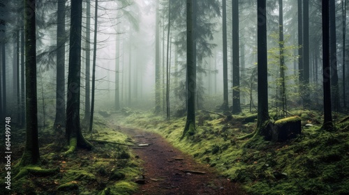 Mountain path among the trees and fog, Beautiful mountain landsca