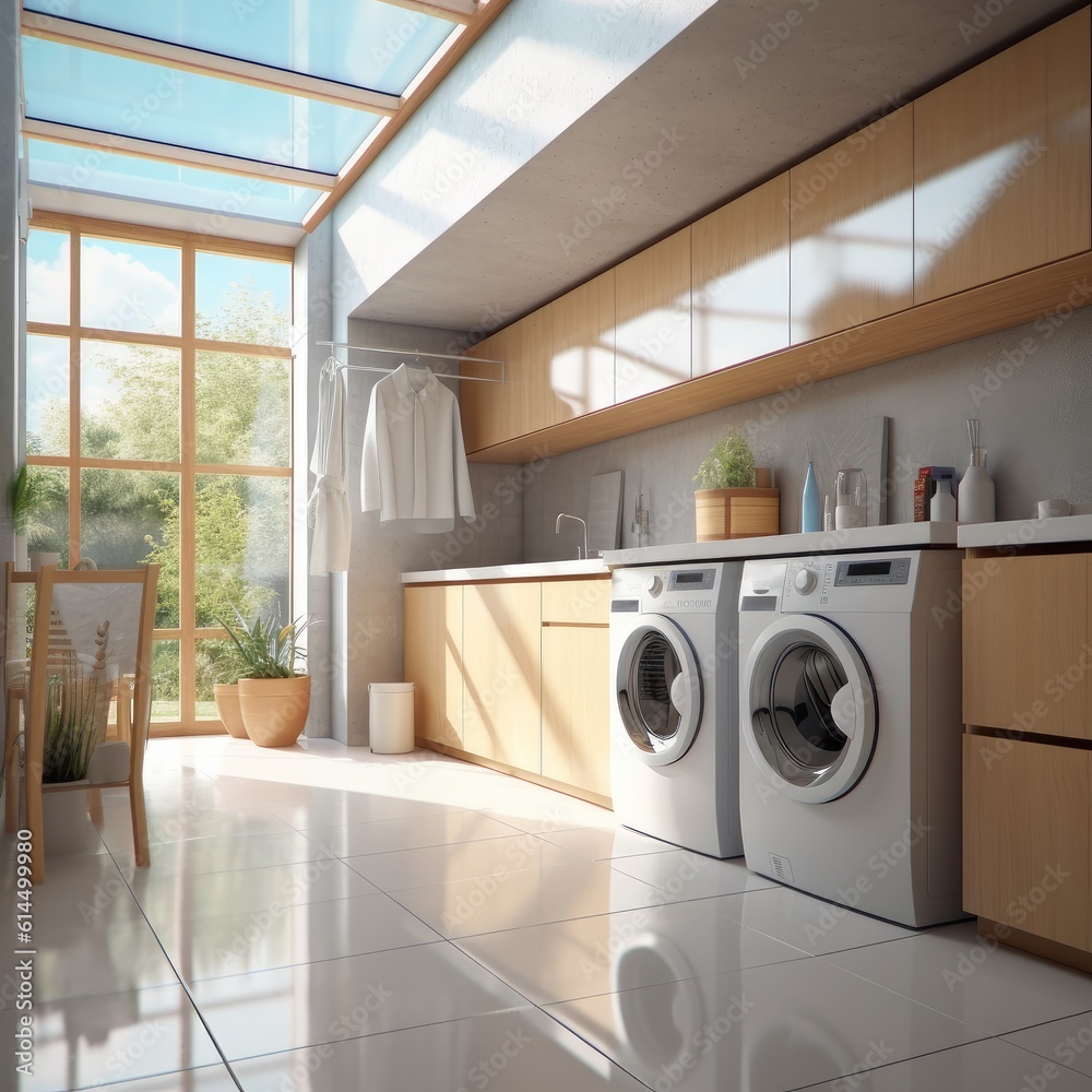 Modern clean laundry room with washing machine and dryer with shelves. Modern clean laundry room with washing machine and dryer with shelves.