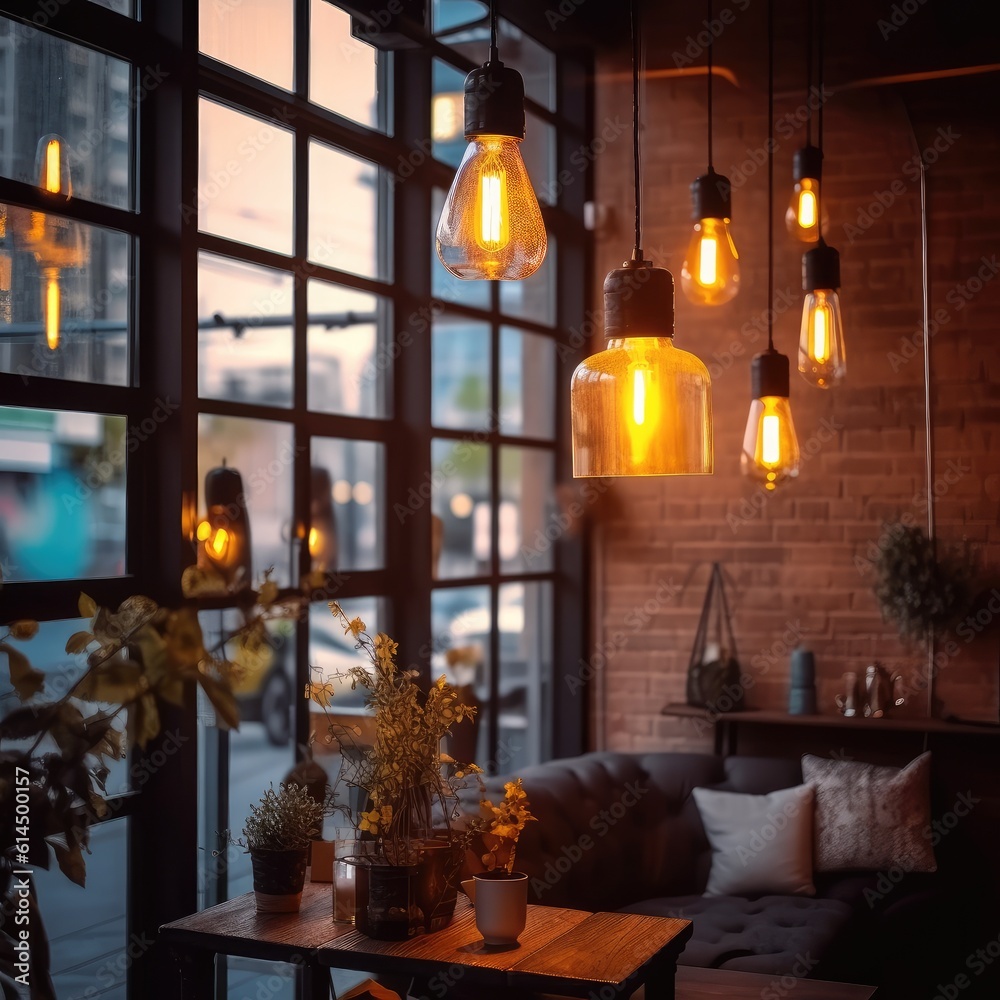 Group of vintage bulbs lights with Loft style lamp in coffee shop, Retro lighting,  Light interior decoration concept