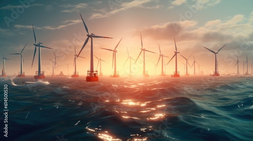 Wind turbines generator farm for renewable sustainable and alternative energy production along sea, Eco power, ecology.
