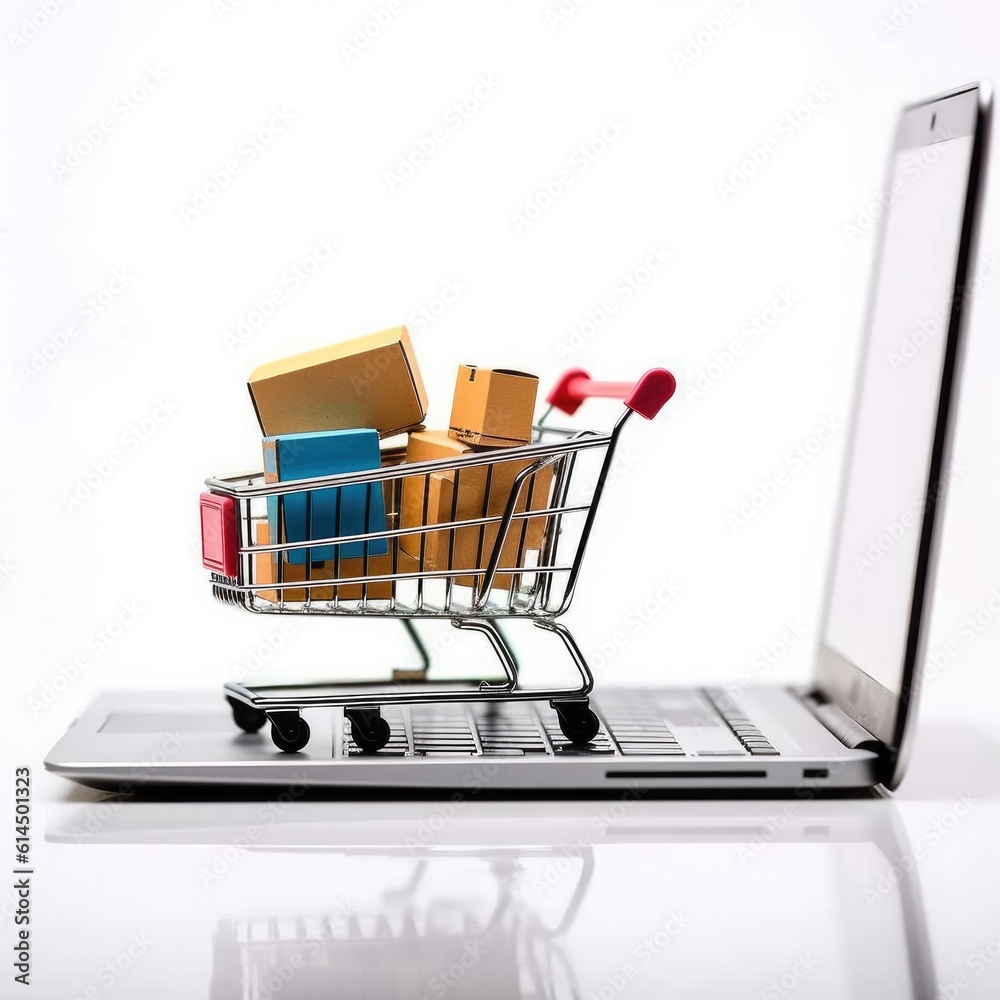 Online shopping and e-commerce with laptop and shopping cart, Concepts about online shopping that consumers can buy things directly from their home.