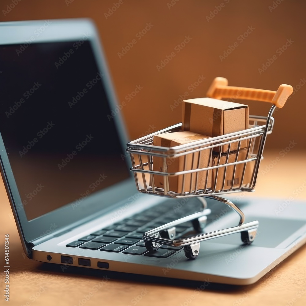 Paper shopping small box express in a shopping cart and laptop notebook on white background, Online shopping concept, Online shopping and delivery service concept.