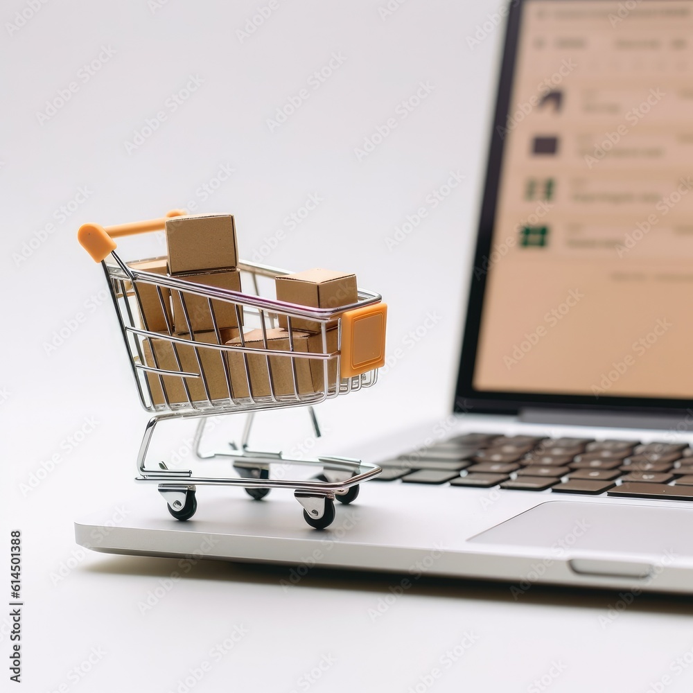 Paper shopping small box express in a shopping cart and laptop notebook on white background, Online shopping concept, Online shopping and delivery service concept.