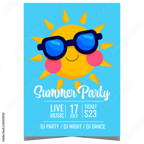 Summer party design template with happy smiling sun character in sunglasses. Vector illustration of summer party invitation banner or promo poster for tropical vacation and exotic holiday leisure.