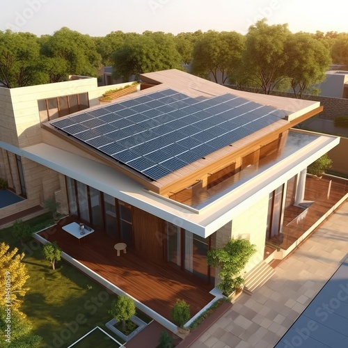 Photovoltaic panels on the roof, Roof Of Solar Panels, View of solar panels on the roof house with sunlight.