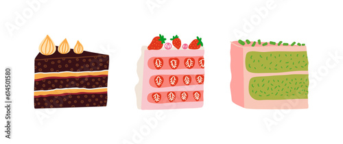 Set of different cake slices with cream. Birthday cake pieces, Strawberry, chocolate cakes. Vector illustration.