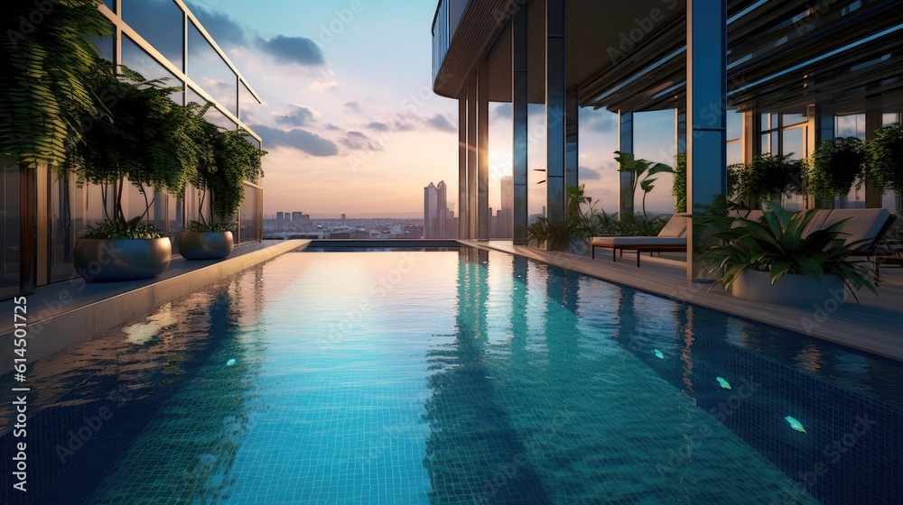 Fototapeta premium Swimming pool in a modern condominium residential complex.