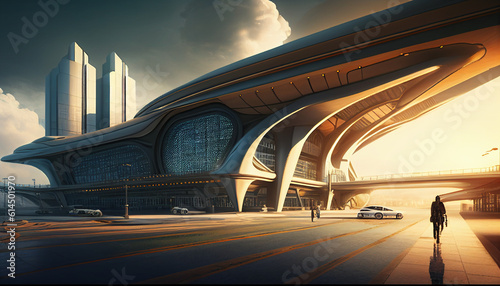 A significant transit hub adjacent to the metropolis, serving as a digital representation of the idea of future technology