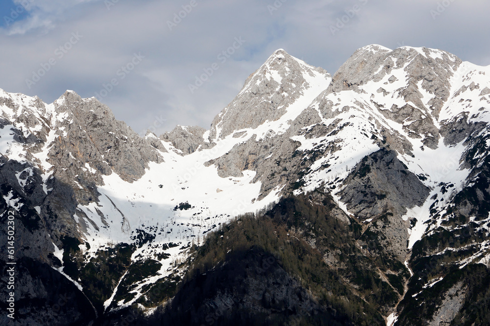 Spring landscape in the Triglav National Park. Breathtaking peaks of the Julian Alps. Triglav National Park, Slovenia, Europe