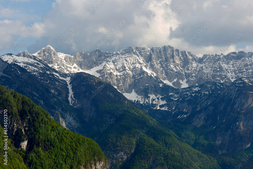 View of the Triglav Natiobal Park on a sunny summer day. Breathtaking peaks of the Julian Alps. Triglav National Park, Slovenia