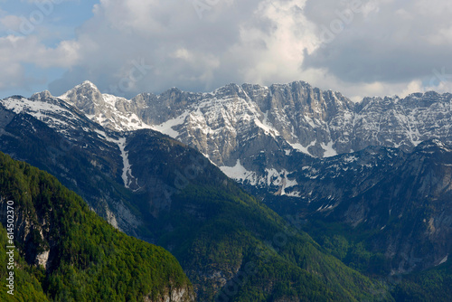 View of the Triglav Natiobal Park on a sunny summer day. Breathtaking peaks of the Julian Alps. Triglav National Park  Slovenia