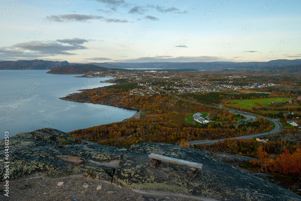 The scenery of Alta town and Altafjorden from Hjemmeluft, Finnmark, Norway