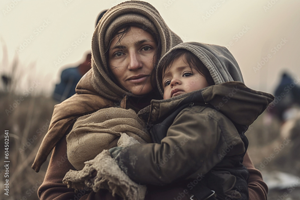 A young homeless woman with a child on the street. Poor homeless people. Migrants and immigrants. Hunger and poverty