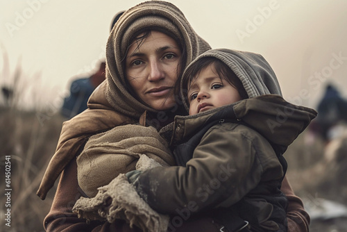 A young homeless woman with a child on the street. Poor homeless people. Migrants and immigrants. Hunger and poverty photo