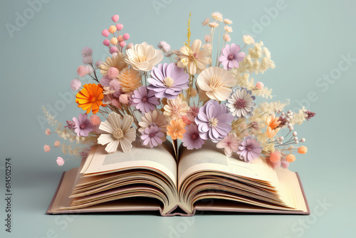 Front view of open book, from which multi-colored origami paper flowers grow. Creative concept for a digital library and bookstore. Generative AI 3d render illustration imitation. © SnowElf