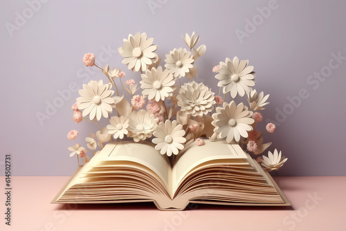 Front view of open book, from which beautiful plastic flowers grow. Pastel colors. Creative concept for digital library and bookstore. Generative AI 3d render illustration imitation. © SnowElf