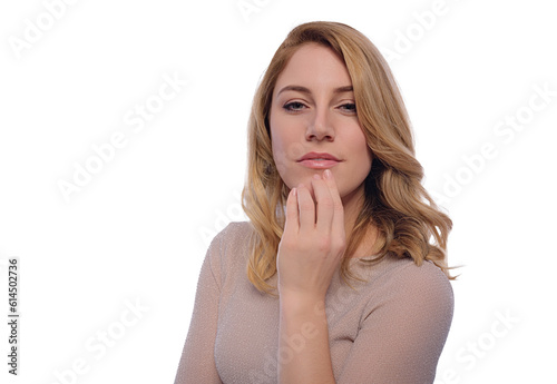 Attractive blonde woman posing on a white background.