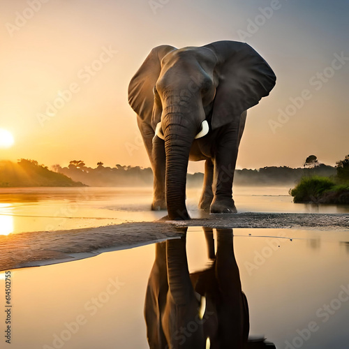 Against the backdrop of a captivating sunset, a magnificent black elephant stands tall in a serene river. Majestic mountains provide a scenic backdrop, creating a breathtaking and awe-inspiring moment