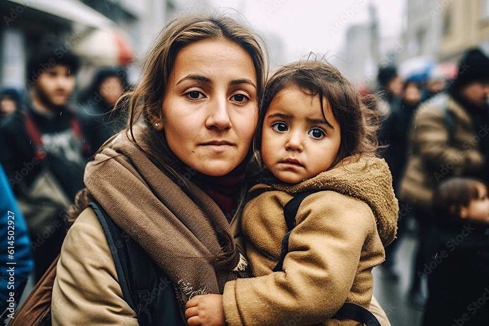 A young homeless woman with a child on the street. Poor homeless people. Migrants and immigrants. Hunger and poverty A young homeless woman with a child on the street. Poor homeless people. Migrants and immigrants. Hunger and poverty