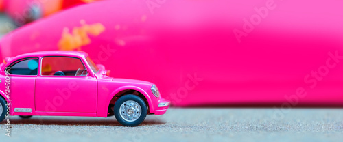 macro illusration of toy pink car bokeh backround.Space for text .Generative AI