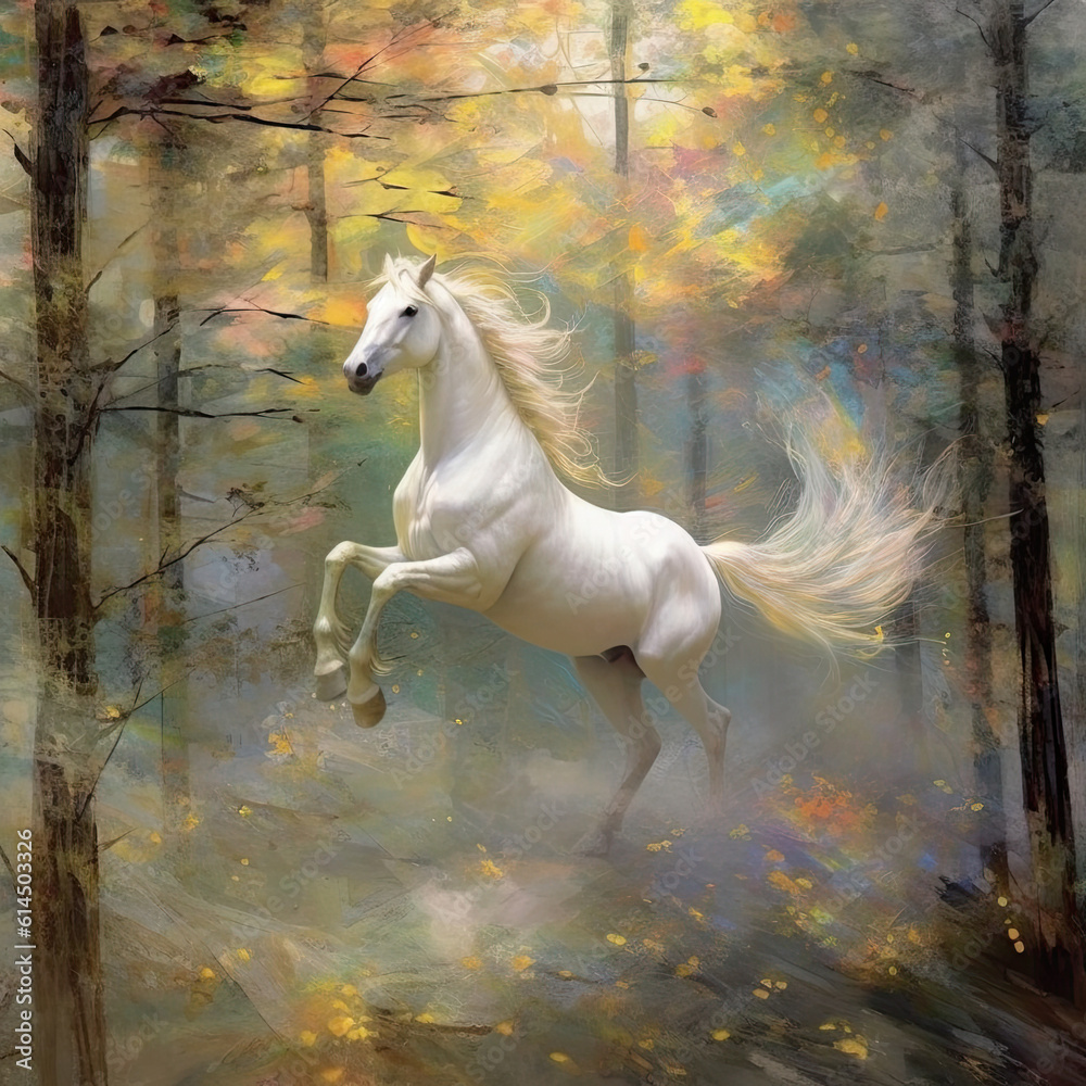 white horse runs gallop in the forest white horse runs gallop in the forest