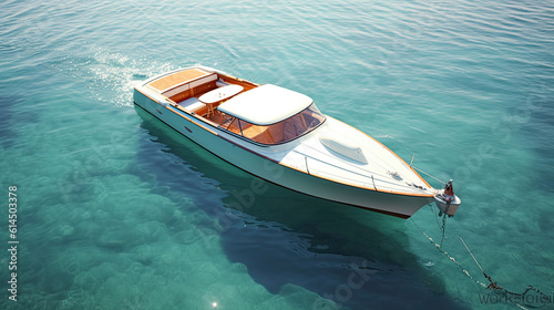 Luxury yacht in azure seas parked in a beautiful blue bay. Motorboat anchored near a beautiful mediterranean island.