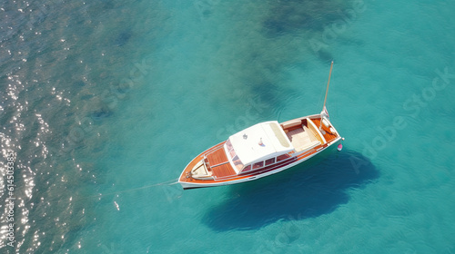 Luxury yacht in azure seas parked in a beautiful blue bay. Motorboat anchored near a beautiful mediterranean island. © PaulShlykov