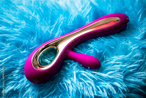 Toy for adults. Closeup photo of a sex toy. Vibrator on a blue fleecy background. photo