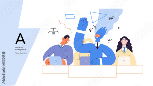 Artificial intelligence illustration. Studies -modern flat vector concept illustration of a group of students in the class. AI metaphor, advantage, superiority and dominance concept