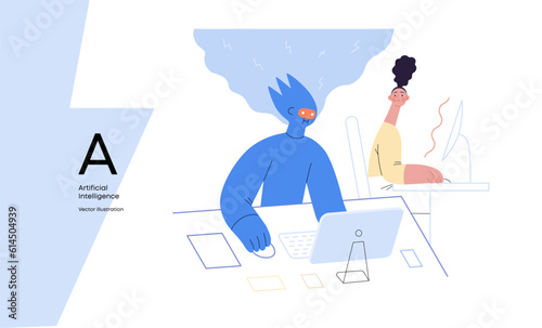 Artificial intelligence, office work -modern flat vector concept illustration of AI effectively working at the desk and surprised human. Metaphor of AI advantage, superiority and dominance concept