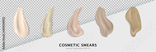 Set of cosmetic swatches different shapes. Light and dark, beige and brown makeup smears, stroke samples. Realistic foundation, concealer texture for various skin tones