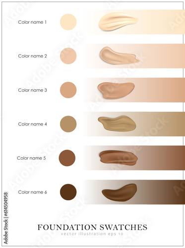 Poster with palette of various cosmetic swatches with text for color names. Light and dark beige, brown makeup smears, stroke samples. Realistic foundation, concealer texture for different skin tones