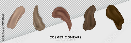 Set of cosmetic swatches different shapes. Light and dark brown makeup smears, stroke samples. Realistic foundation, concealer texture for various skin tones