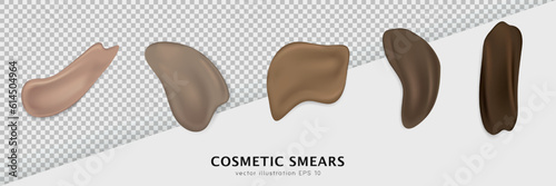 Set of cosmetic swatches different shapes. Light and dark brown makeup smears, stroke samples. Realistic foundation, concealer texture for various skin tones