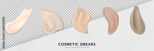 Set of cosmetic swatches different shapes. Light and dark, beige and brown makeup smears, stroke samples. Realistic foundation, concealer texture for various skin tones