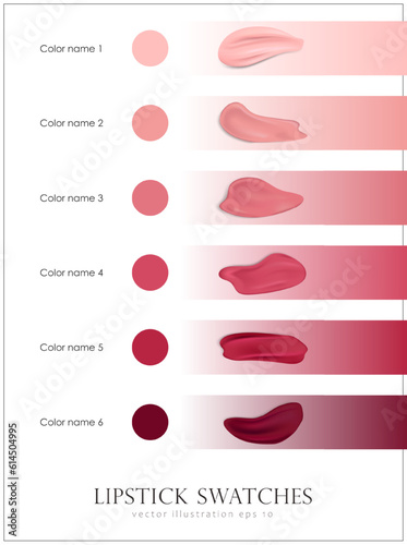Poster with palette of various lipstick swatches with text for color names. Light and dark pink makeup smears, stroke samples. Realistic lip gloss texture on white background