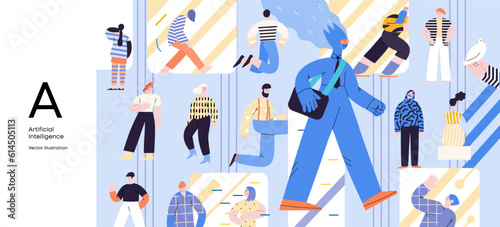 Artificial intelligence, AI and humanity -modern flat vector concept illustration of AI character walking among people in everyday life. Metaphor of AI advantage, benefit, friendliness concept