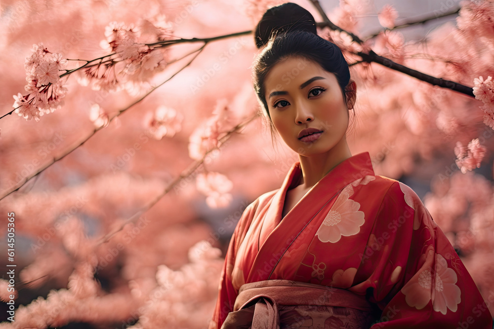 Asian woman in kimono in scenic cherry blossom garden. Asian woman in kimono in scenic cherry blossom garden.