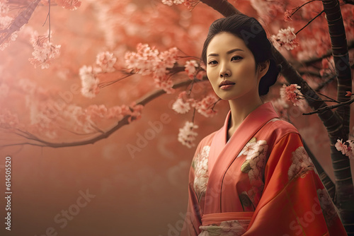 Asian woman in kimono in scenic cherry blossom garden.