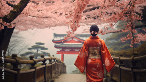 Asian woman in kimono in scenic cherry blossom garden.