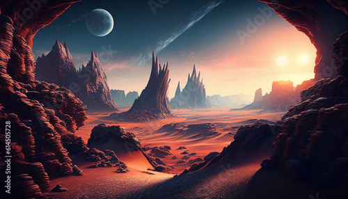 Sunrise over the mountains, Game of fantasy extraterrestrial planet landscape and space