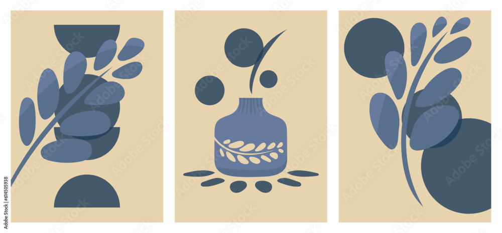 Decorative illustrations a set of abstract colored paper art illustrations. Muted colors beige, blue vase with a plant