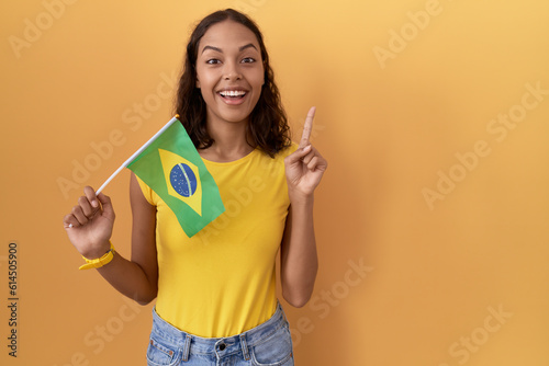 Young hispanic woman holding brazil flag pointing finger up with successful idea. exited and happy. number one.