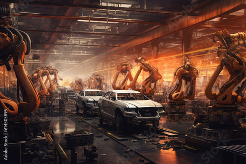 robot assembly line in car factory background